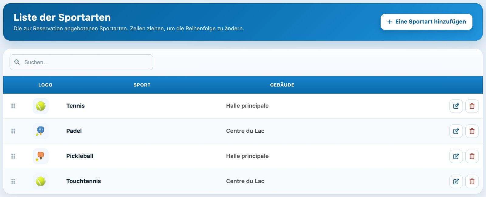 Liste der Sportarten mit der Spalte Gebäude