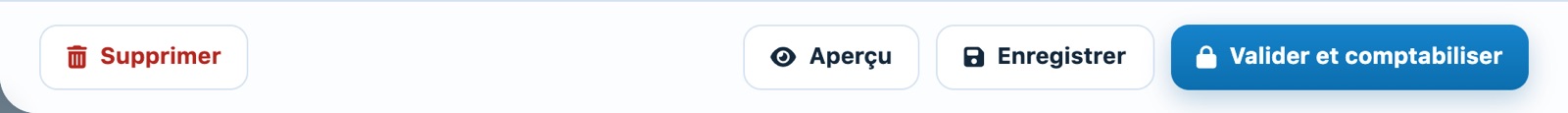Boutons d'un brouillon : Supprimer, Aperçu, Enregistrer, Valider et comptabiliser